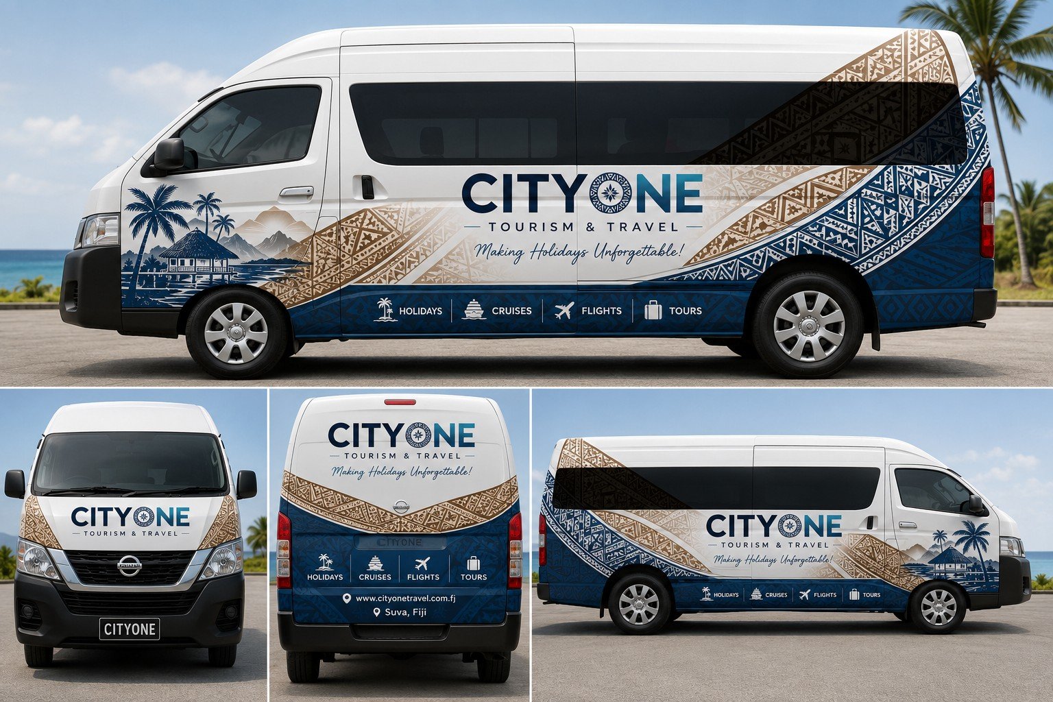 CityOne branded large passenger van shown as a vehicle branding concept